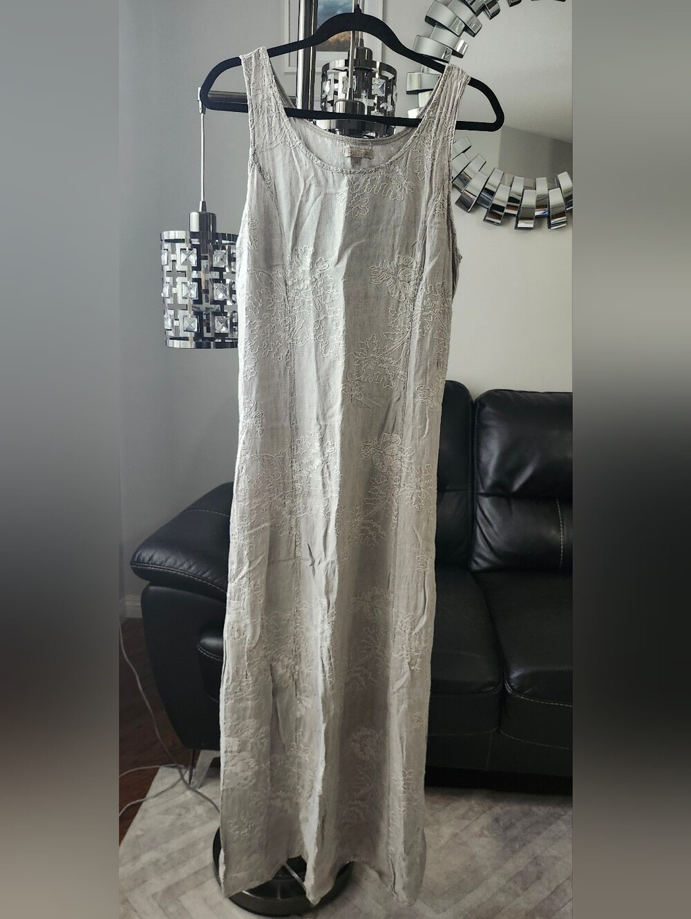 Lina Tomei Sleeveless Embroidered Linen Maxi Skirt in Light Gray